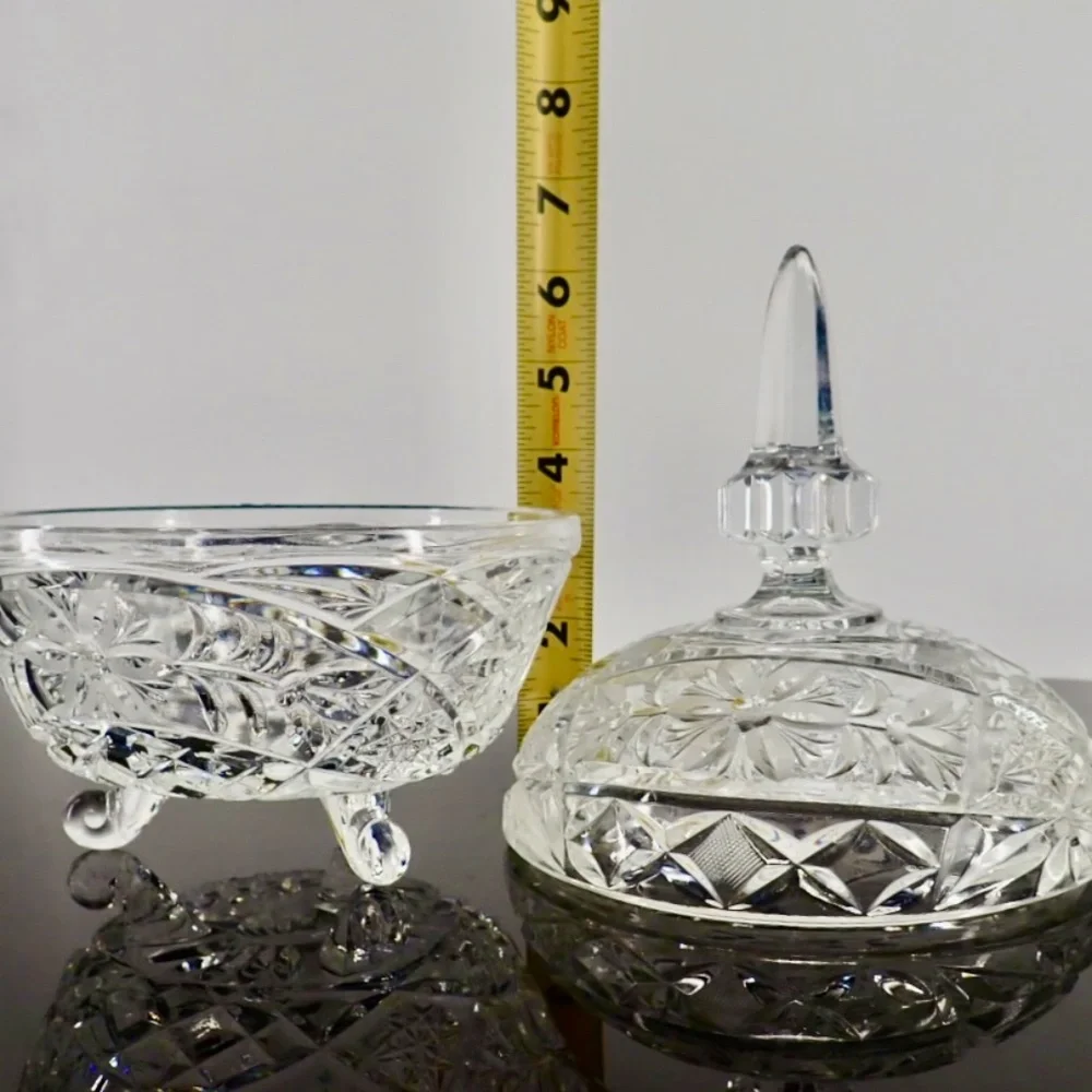 Cut Crystal Lidded Compote Candy Dish Three Footed 2 pc Floral Cut Bowl Vtg 60's